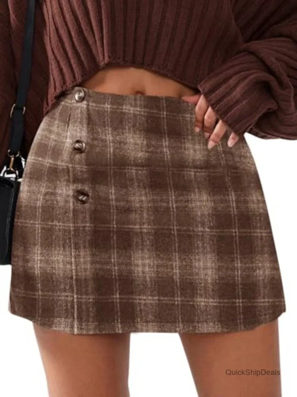 Womens Faux Wool Plaid Mini Skirt High Waisted Bodycon with Pockets